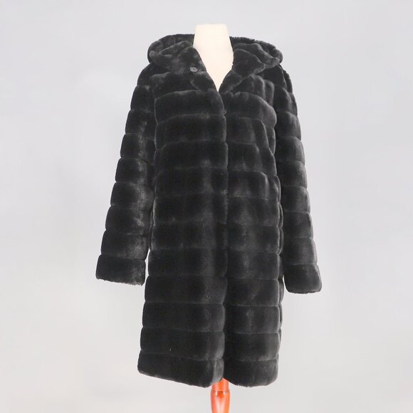 NWT JONES NEW YORK Faux Fur Grooved Hooded Heavy Weight Coat in Black Size L - Picture 1 of 9